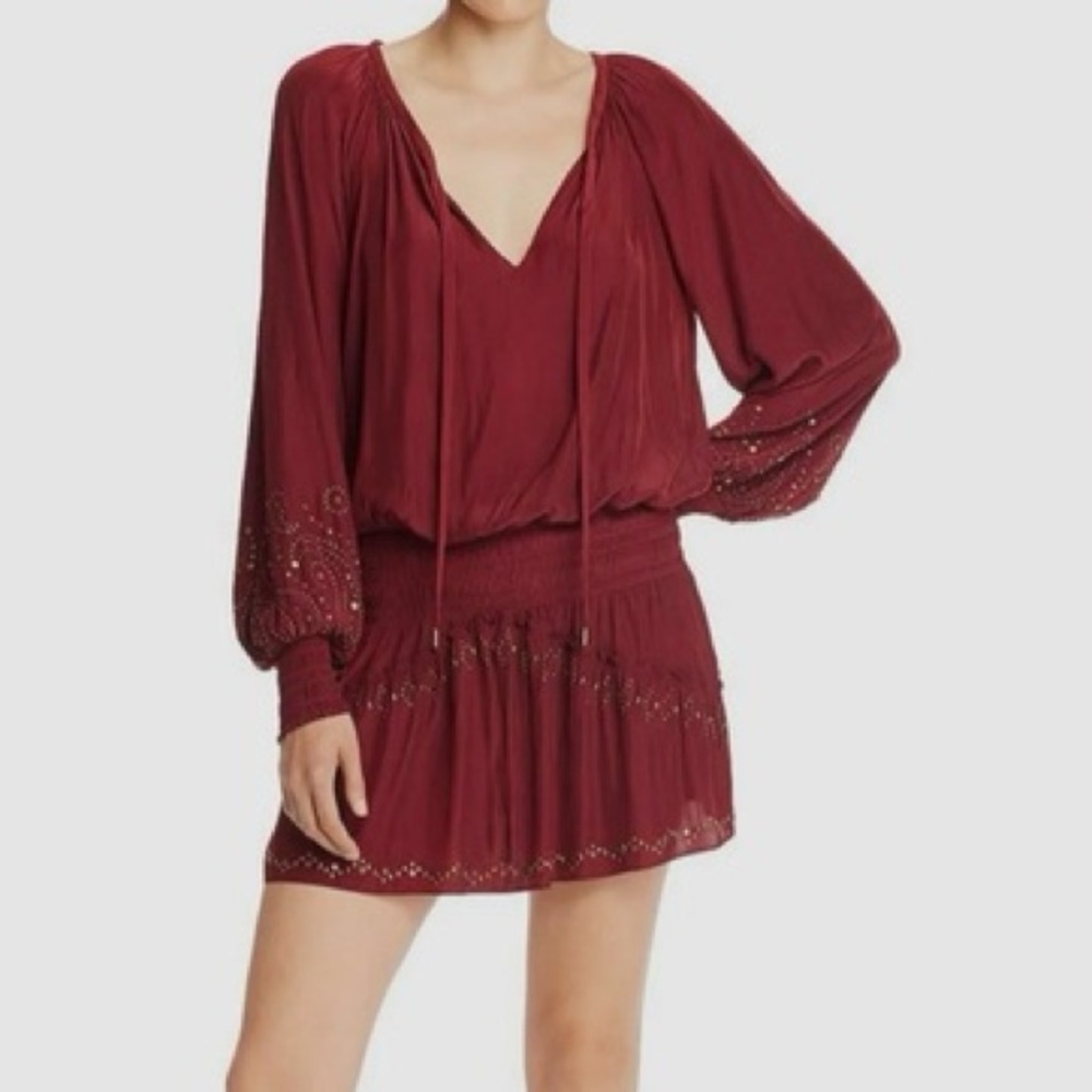 Ramy Brook Red Pleated Smocked Long Sleeve Dress
